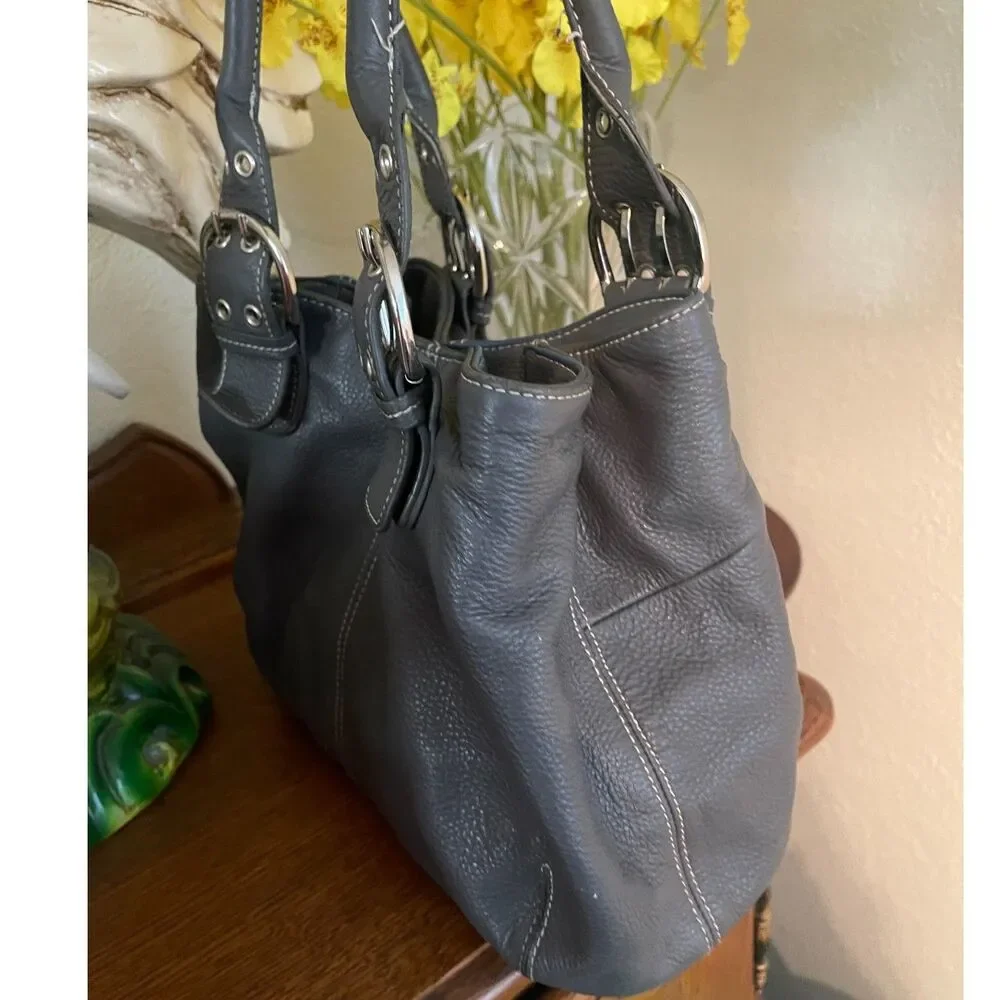 TIGNANELLO Medium Gray Pebbled Leather Shoulder Tote Satchel Purse Bag GUC